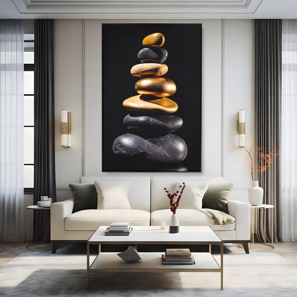 Tablou canvas cu turn vertical din pietre suprapuse, in rama de aluminiu negru, pe perete intr-un living